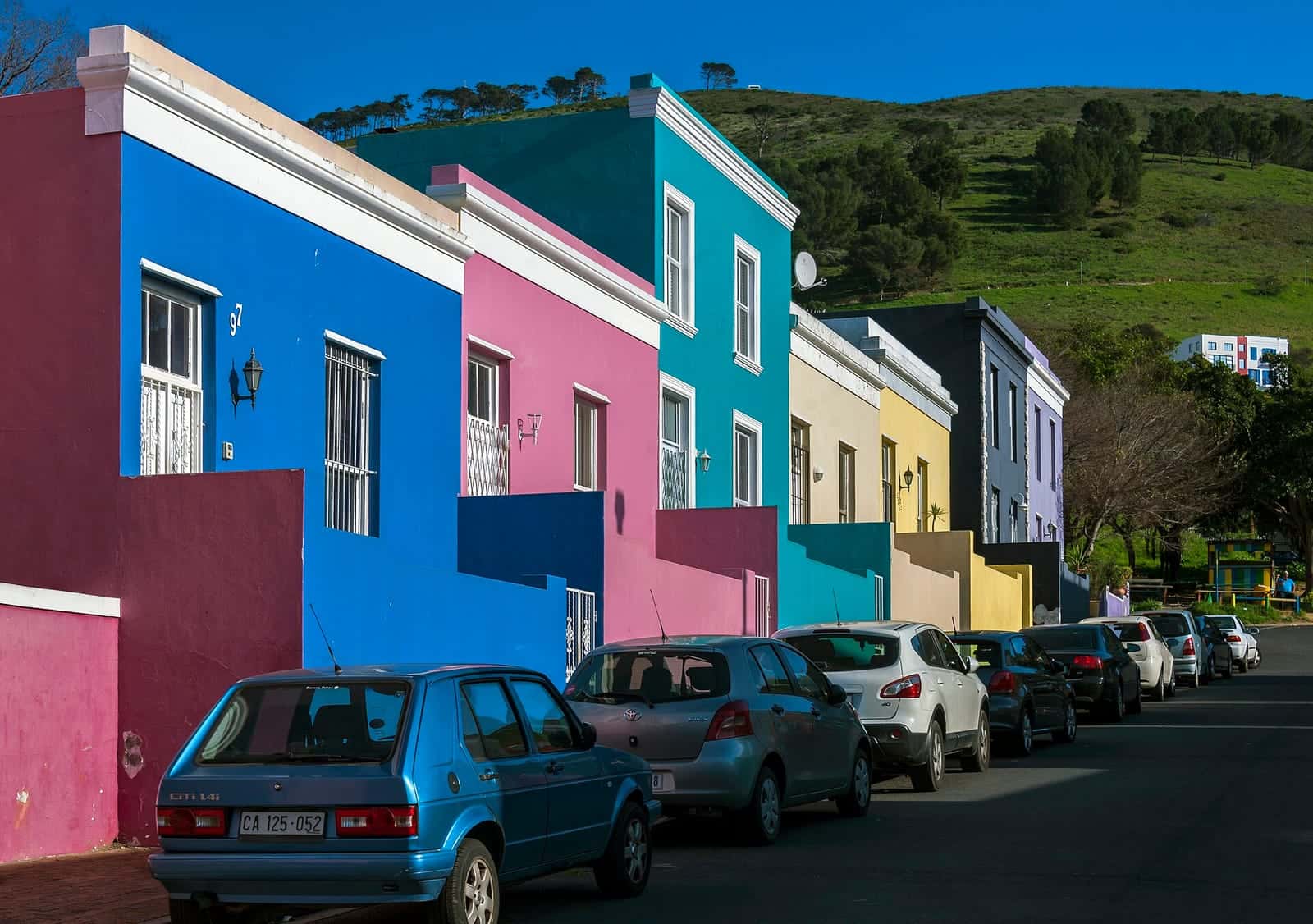 Brightly painted terraced houses on Wale Street in the Bo-Kaap, Cape Town